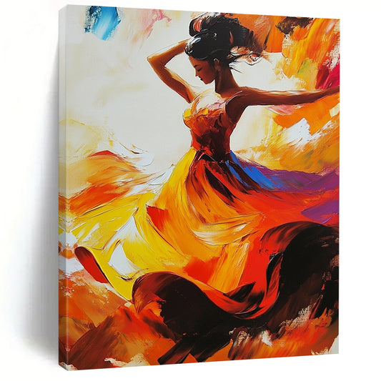 Contemporary abstract painting featuring a flamenco dancer in dynamic motion with a vibrant dress in red yellow and orange shades. DLZ1676