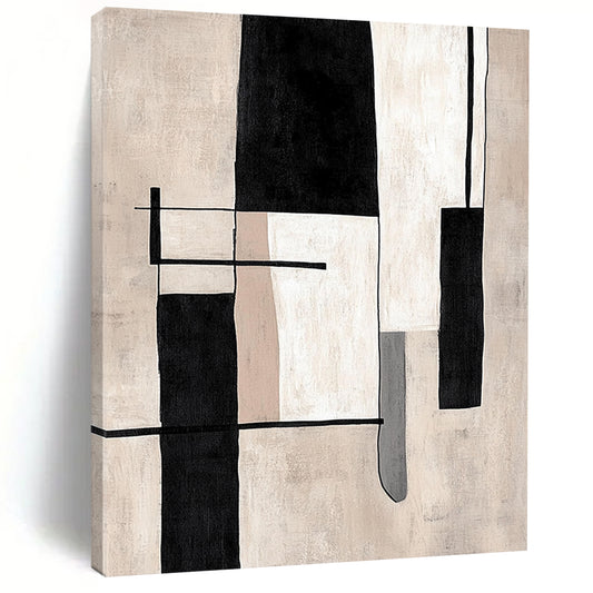 Contemporary hand-painted abstract artwork featuring minimalist black and white lines and simple shapes on a beige background. DLZ1394