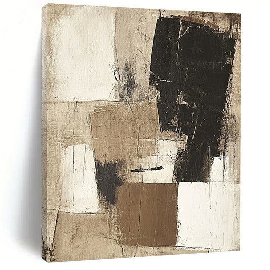 Contemporary hand-painted abstract art featuring large beige white and black squares with textured depth and harmonious yet chaotic forms. DLZ1036