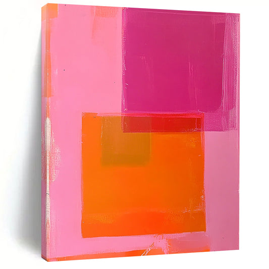 Contemporary hand-painted abstract art featuring bold hot pink and orange colors with large geometric shapes and a minimalist design. DLZ1468
