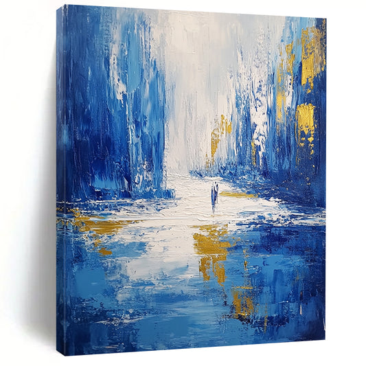 Contemporary abstract artwork featuring thick cold blue brush strokes depicting an icy cityscape with dynamic highlights and reflections on flowing water. DLZ0350