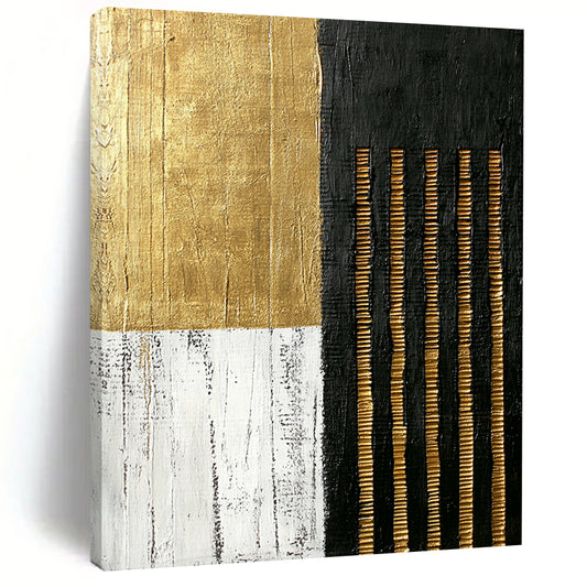 Black, White, Gold, Textured Stripes "Gilded Textured Stripes" Abstract Minimalist Painting On Canvas HB157