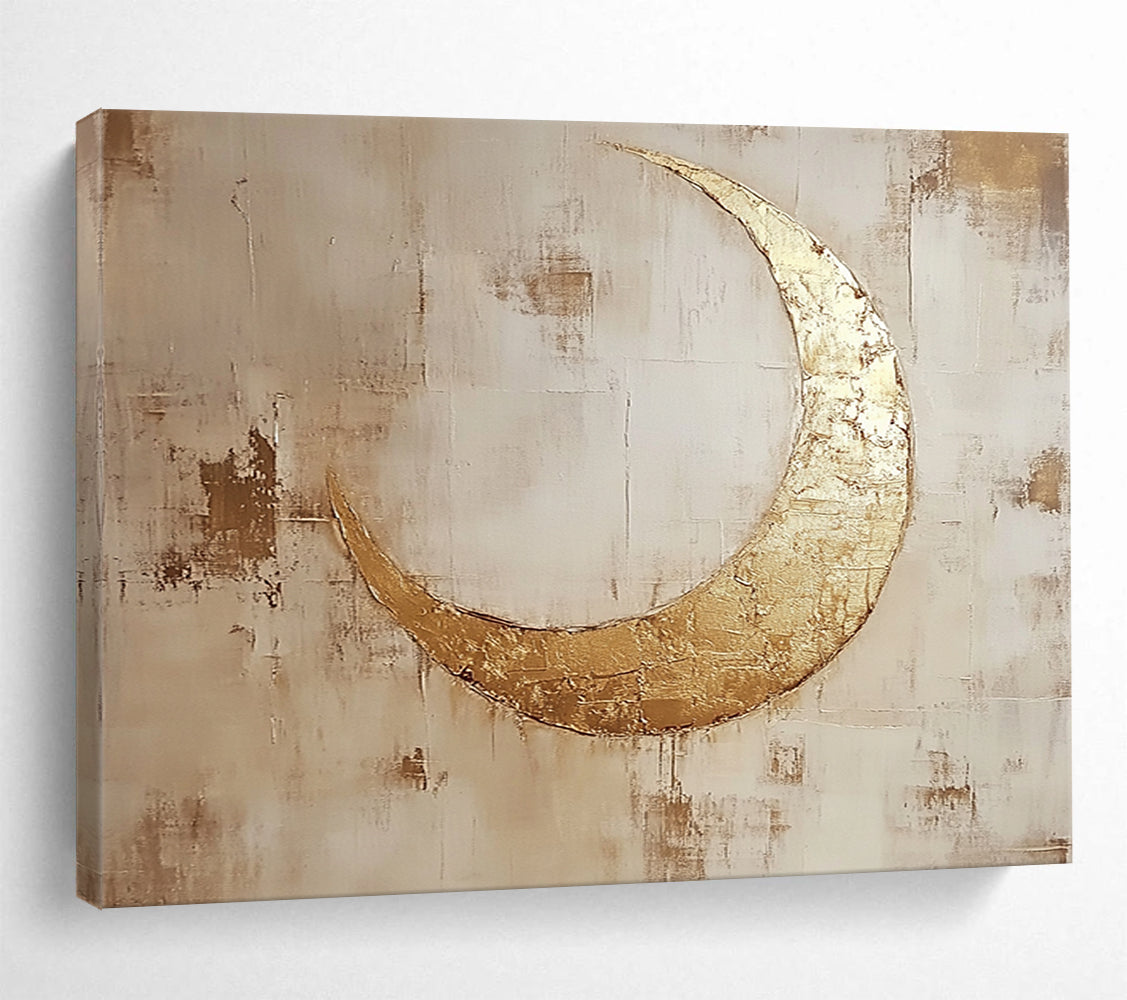 “Gilded Crescent Moonlit” - Gold, Beige, Brown, Textured Celestial Symbol Scenes Painting On Canvas HB1024