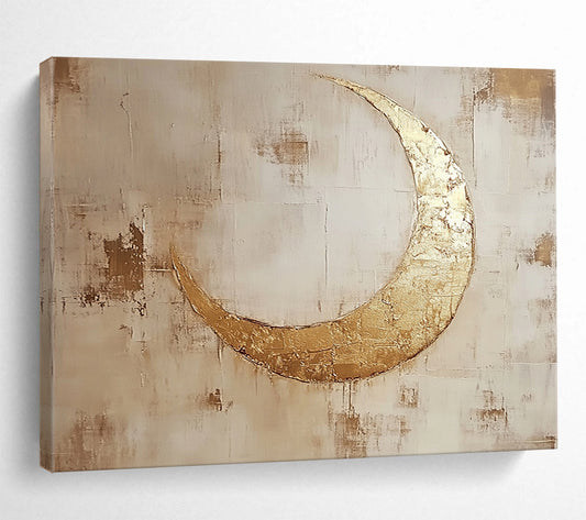 “Gilded Crescent Moonlit” - Gold, Beige, Brown, Textured Celestial Symbol Scenes Painting On Canvas HB1024