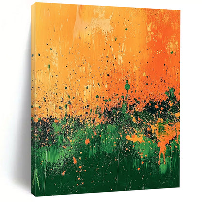 Contemporary abstract painting features vibrant orange and green landscape with splashes of gold and dynamic brush strokes under a surreal light. DLZ0498