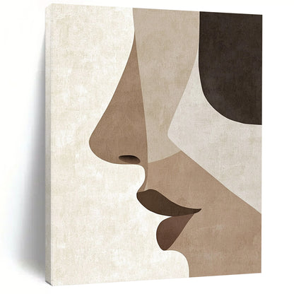 Contemporary hand-painted abstract art showcases minimalist Japandi style with simple facial features and a serene palette of earthy tones. DLZ1628