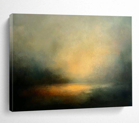 “Ethereal Lake at Sunset” - Greys, Oranges, Yellows, Foggy Sunset Lake - Abstract Oil Painting HB1571