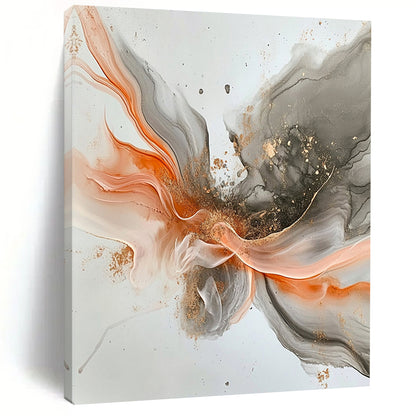 Gray, Orange, Gold, Flowing Shapes "Fiery Grace" Abstract Painting On Canvas HB034