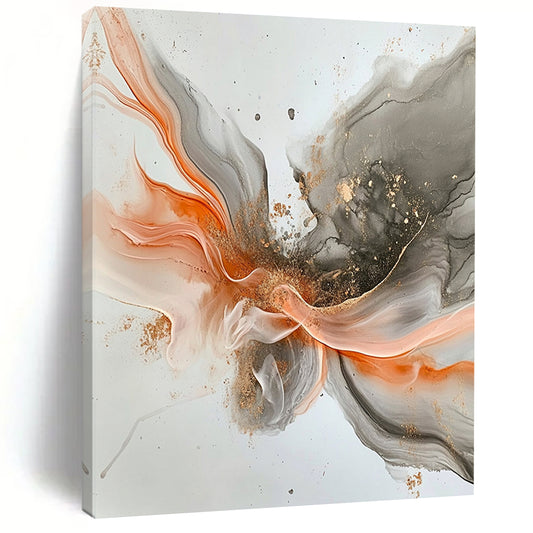 Gray, Orange, Gold, Flowing Shapes "Fiery Grace" Abstract Painting On Canvas HB034