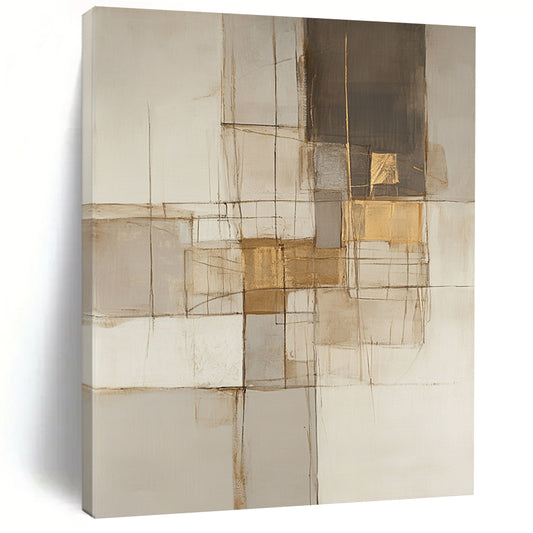 Large contemporary hand-painted abstract artwork featuring neutral tones with lines and squares accented in gold, beige, gray, and white. DLZ0923