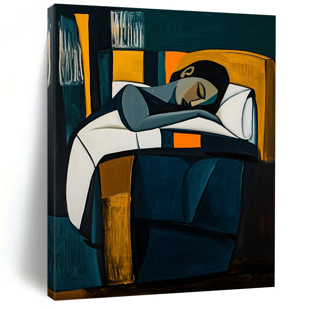 Contemporary abstract painting featuring a woman in bed with dark blue and white tones geometric shapes and vibrant orange elements against a dark green background. DLZ1525