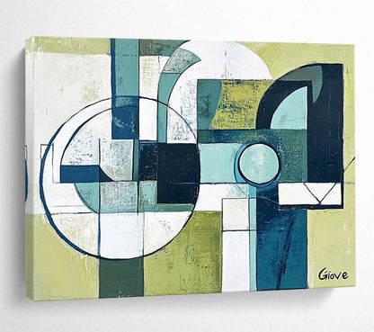 “Geometric Harmony” - Green, Blue, White, Abstract Geometric Shapes Painting On Canvas HB1063