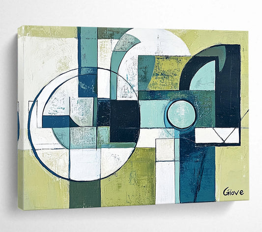 “Geometric Harmony” - Green, Blue, White, Abstract Geometric Shapes Painting On Canvas HB1063