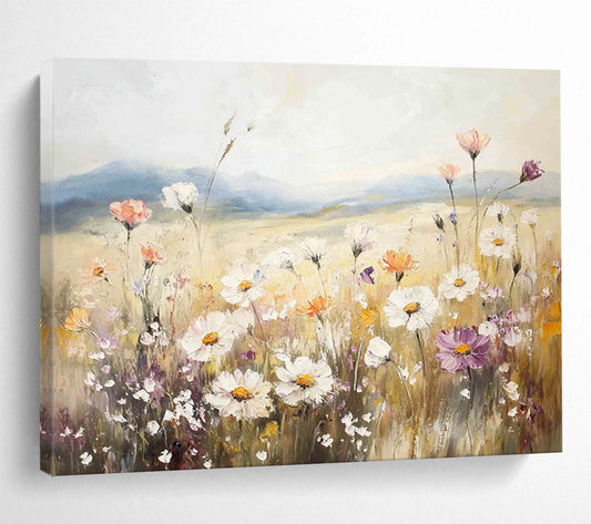 “Pastel Wildflower Field” - Soft - hued wildflowers in a meadow, Impressionist Landscape Painting On Canvas HB0546
