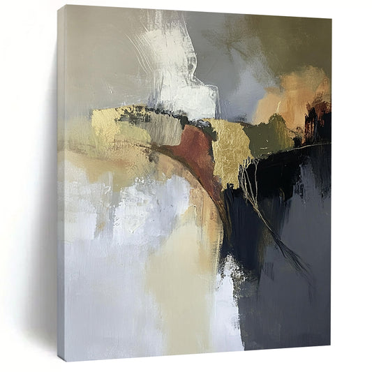 Contemporary hand-painted abstract artwork featuring aerial landscapes in neutral tones with gold and brown accents creating a dreamy atmospheric effect. DLZ0449