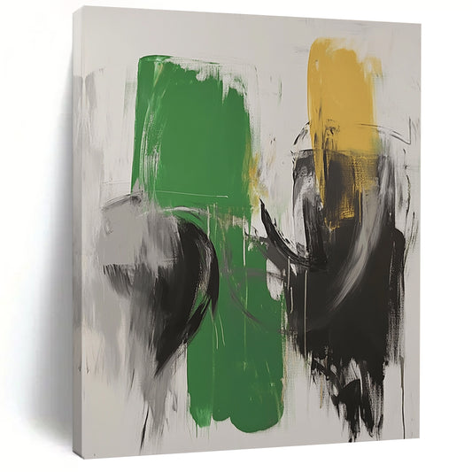 Large contemporary hand-painted abstract artwork featuring green and white tones with black strokes and blurred robot forms in dark gray. DLZ0523