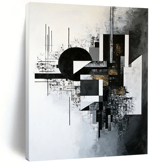 Black, White, Gray and Gold Geometric Abstraction "Gilded Geometry" Painting On Canvas HB318