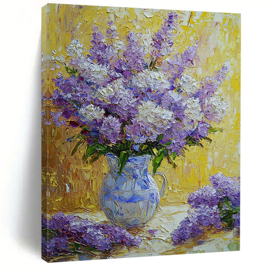 Contemporary hand-painted abstract art featuring vibrant purple and white flowers in a rich impressionist style with soft textured petals and a beautiful yellow background. DLZ1288