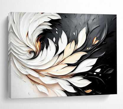“3D White - Gold Feather Swirl on Black” - White, Gold, 3D Feather Shapes Painting On Canvas HB0796