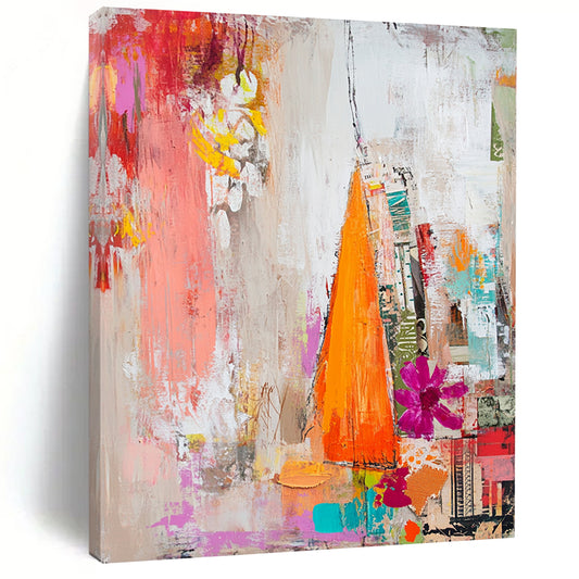 Contemporary abstract painting featuring textured brushstrokes of white reds pinks oranges and yellows with a dreamy collage of floral magazine clippings. DLZ1274
