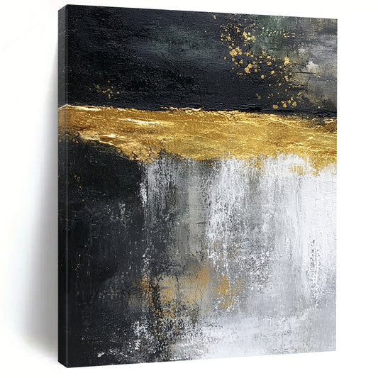 Contemporary hand-painted abstract artwork featuring cascading water, vibrant light yellow glaze, and dark rock contrasts, evoking natural beauty in dynamic movement. DLZ1208