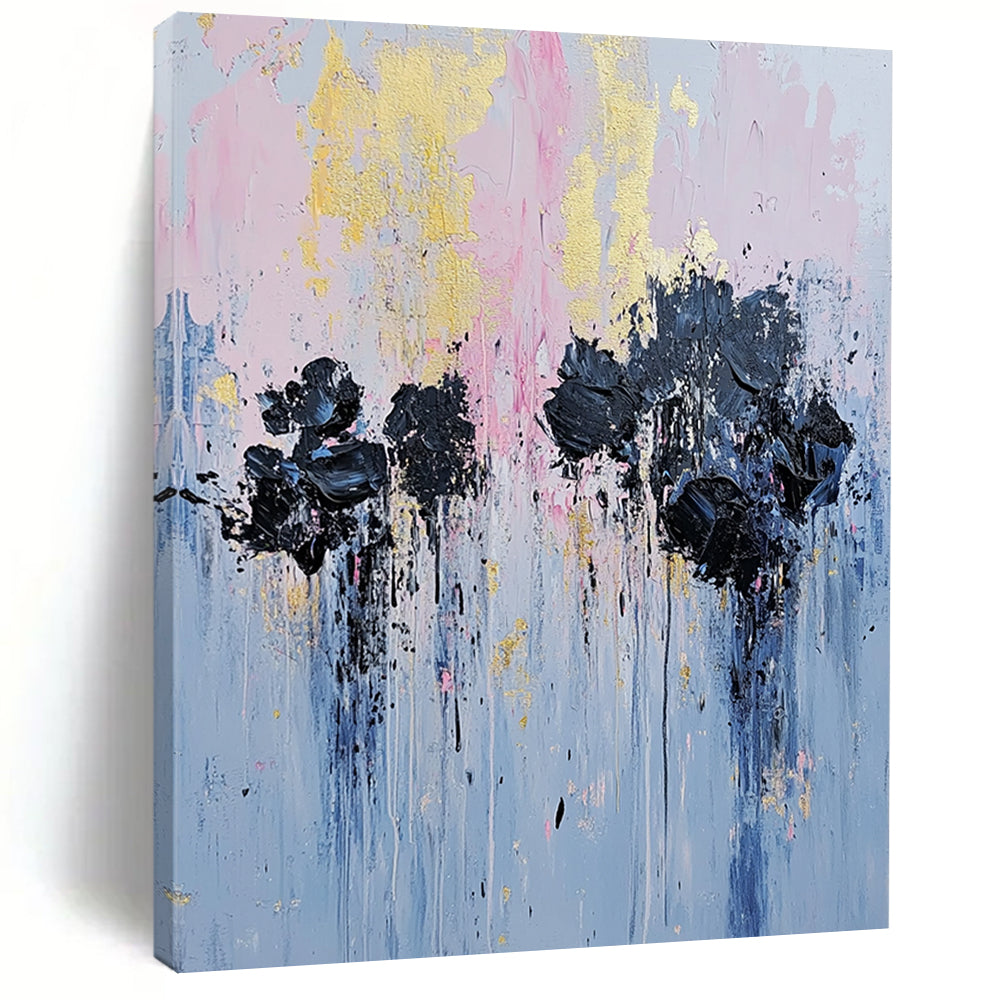 Contemporary hand-painted abstract artwork featuring textured black flowers in an urban setting with pale pink and blue tones and gold leaf accents. DLZ0477