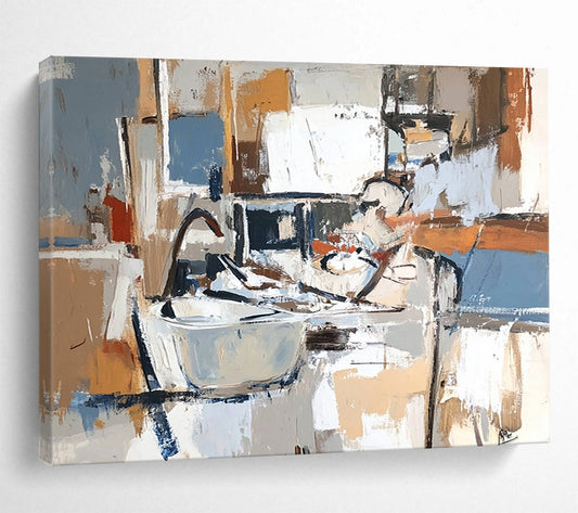 Neutral - Toned Kitchen Chaos – Abstract Acrylic Kitchen Scene Painting HB1466
