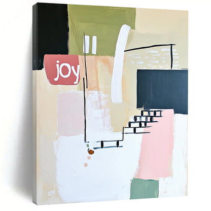 Contemporary abstract artwork features soft lines shapes and the word joy in white pale pink and green against a neutral background with a hint of staircase. DLZ1643