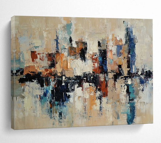 “Cityscape Abstract” - Beige, Blue, Brown, White with Reflective Shapes - Painting On Canvas HB1393