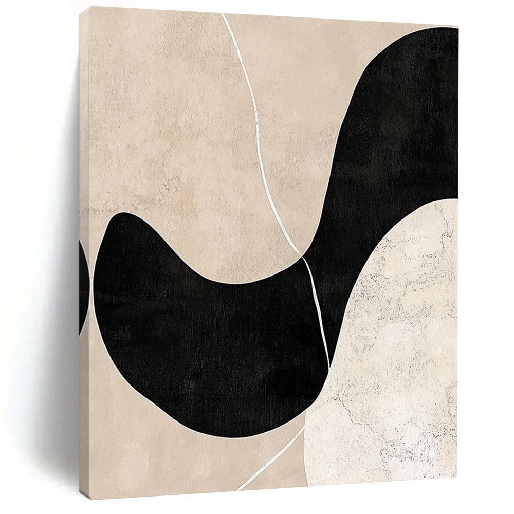 Contemporary abstract artwork featuring beige and black tones minimalist design hand-drawn lines soft edges balanced composition with depth and white line accents. DLZ0790