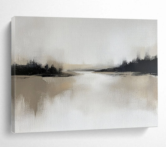 “Misty River in Monochrome” - Soft gray, deep black, beige, Minimalist Landscape Painting On Canvas HB0612