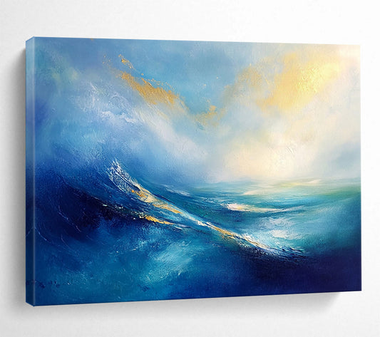 “Blue - Gold Abstract Ocean Waves” - Blue, Gold, White, Ocean Waves Painting On Canvas HB0845