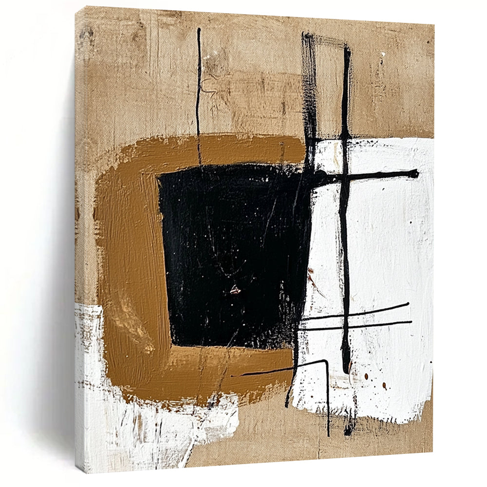 Contemporary abstract painting featuring a brown shape with black lines on beige, enhanced by brown and white geometric forms for a minimalistic touch. DLZ1160