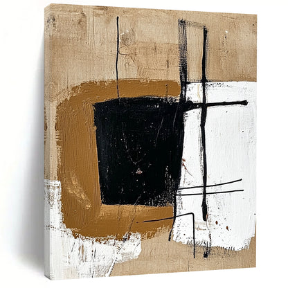 Contemporary abstract painting featuring a brown shape with black lines on beige, enhanced by brown and white geometric forms for a minimalistic touch. DLZ1160