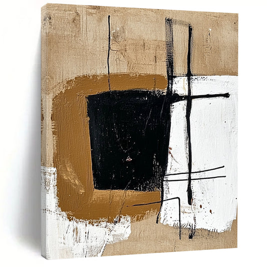 Contemporary abstract painting featuring a brown shape with black lines on beige, enhanced by brown and white geometric forms for a minimalistic touch. DLZ1160