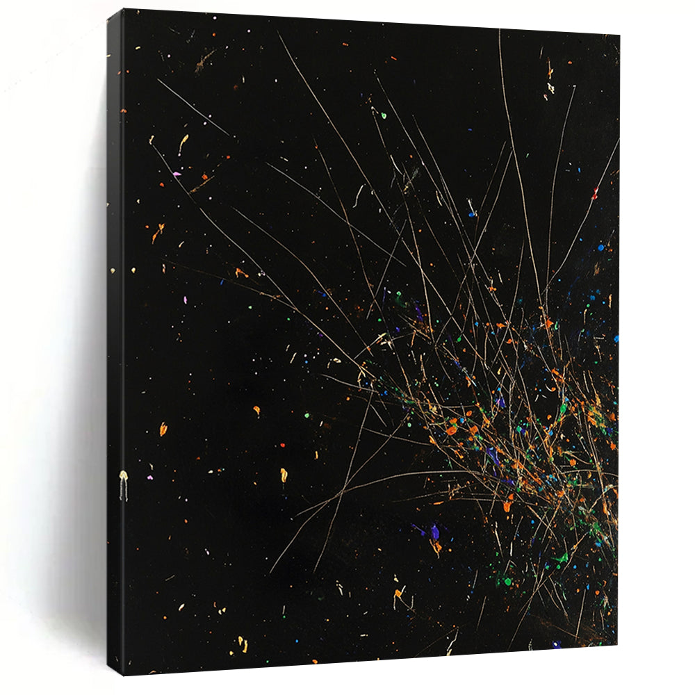 Black, Colorful Specks, Thin Lines "Starry Explosion" Abstract Painting On Canvas HB023