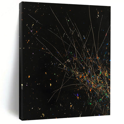 Black, Colorful Specks, Thin Lines "Starry Explosion" Abstract Painting On Canvas HB023