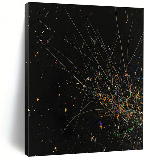 Black, Colorful Specks, Thin Lines "Starry Explosion" Abstract Painting On Canvas HB023