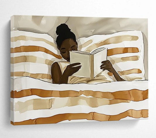 “Reading Woman in Neutral Tones” - Brown, White, Skin Tones, Figure Reading in Bed - Watercolor Illustration HB1770