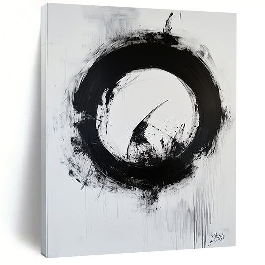 Black and White Textured Circle "Rough Enlightenment" Painting On Canvas HB265