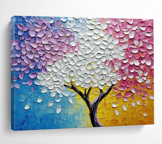 “Rainbow Blossom Tree” - Vivid blues, purples, whites, pinks, yellows; Textured flower tree; Impasto Landscape Painting On Canvas HB1161