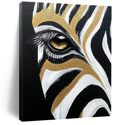Contemporary abstract painting featuring a close-up of a zebra's eye and forehead stripes in black, white, and gold highlights. DLZ1216