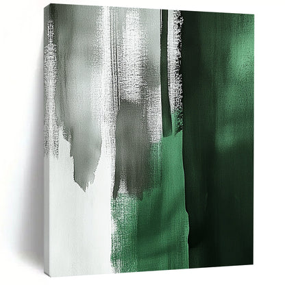 Large contemporary abstract painting featuring emerald green and gray brushstrokes with a minimalist Japandi aesthetic in a vertical format. DLZ1624