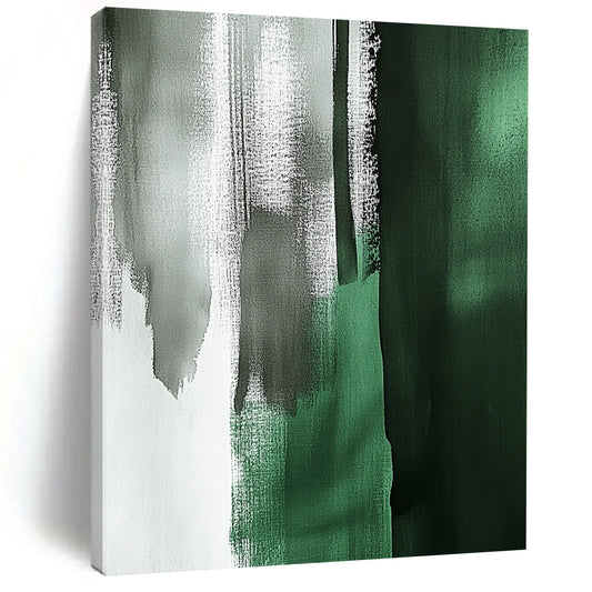 Large contemporary abstract painting featuring emerald green and gray brushstrokes with a minimalist Japandi aesthetic in a vertical format. DLZ1624