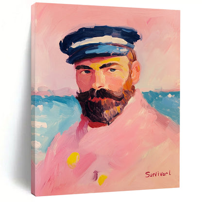 Contemporary hand-painted abstract artwork featuring a sailor in pink attire with a pastel palette and thick brush strokes against a vibrant background. DLZ1408