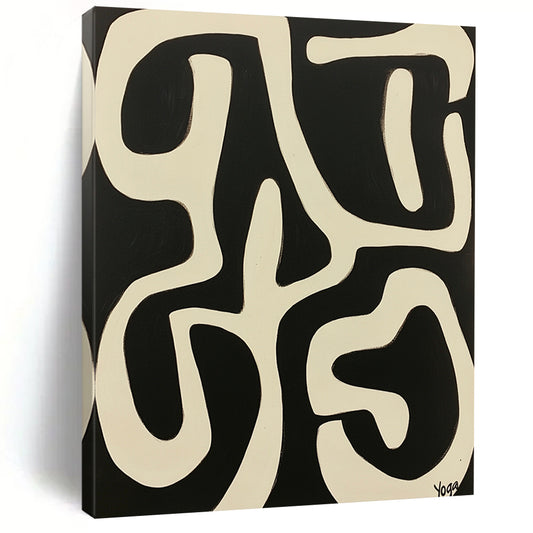 Vibrant contemporary abstract art featuring "Yoga" in bold white against a striking black background inspired by Peter Max and Victor Vasarely. DLZ1710