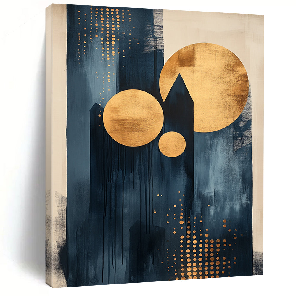 Contemporary abstract artwork featuring dots and lines with black ink light indigo tones and gold accents on canvas texture. DLZ0854
