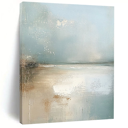 Contemporary abstract painting showcasing an Irish beach with light blue and neutral tones featuring soft edges and a serene atmosphere. DLZ0460