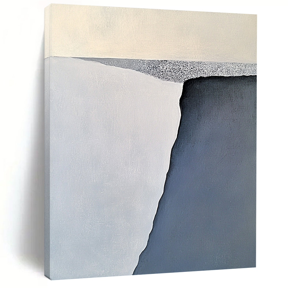 Contemporary large abstract painting features serene gray-blue and white iceberg forms with soft brushstrokes balanced on a flat gray base. DLZ1006