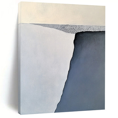 Contemporary large abstract painting features serene gray-blue and white iceberg forms with soft brushstrokes balanced on a flat gray base. DLZ1006